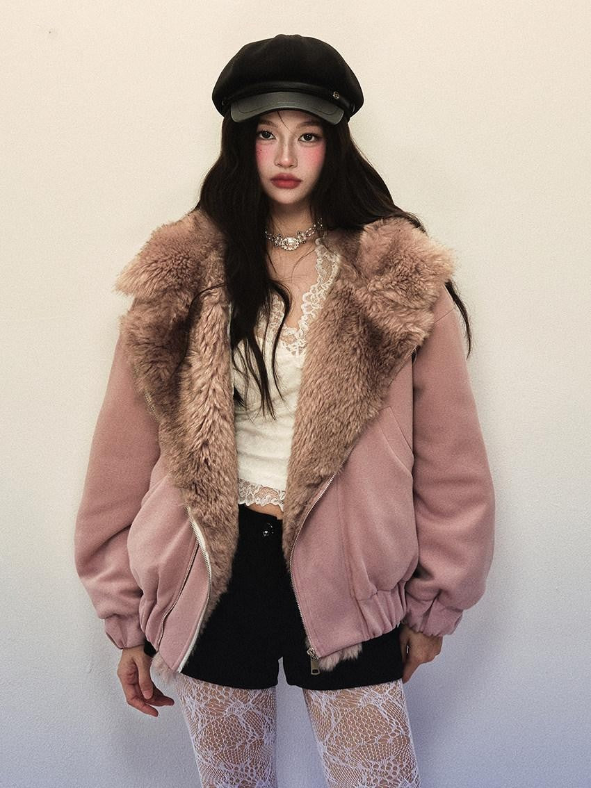 1P STUDIO Gray Pink Large Lapel Loose Fluffy Women&