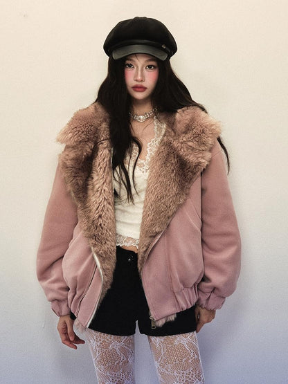 1P STUDIO Gray Pink Large Lapel Loose Fluffy Women&