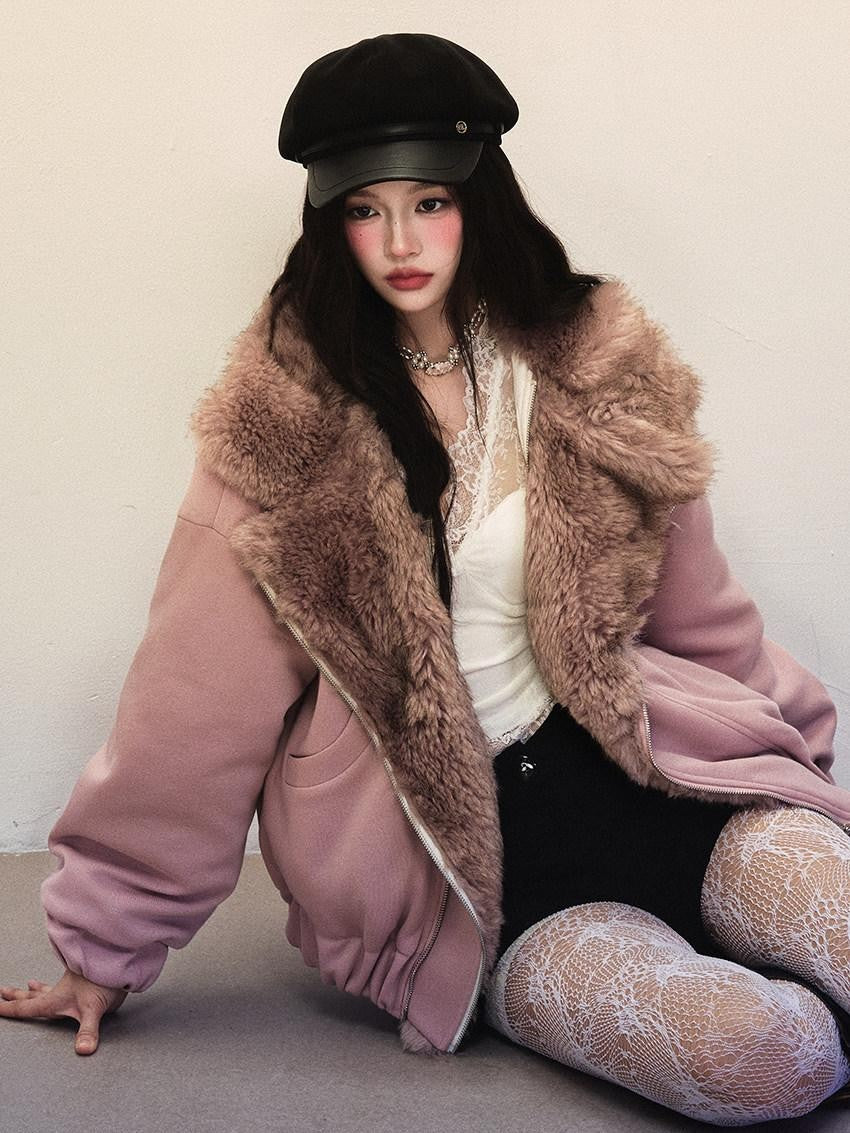 1P STUDIO Gray Pink Large Lapel Loose Fluffy Women&