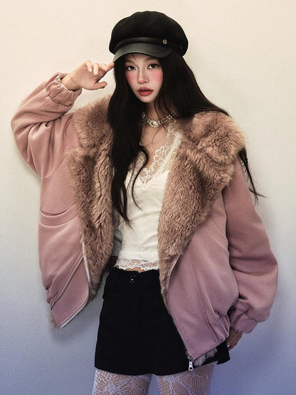 1P STUDIO Gray Pink Large Lapel Loose Fluffy Women&