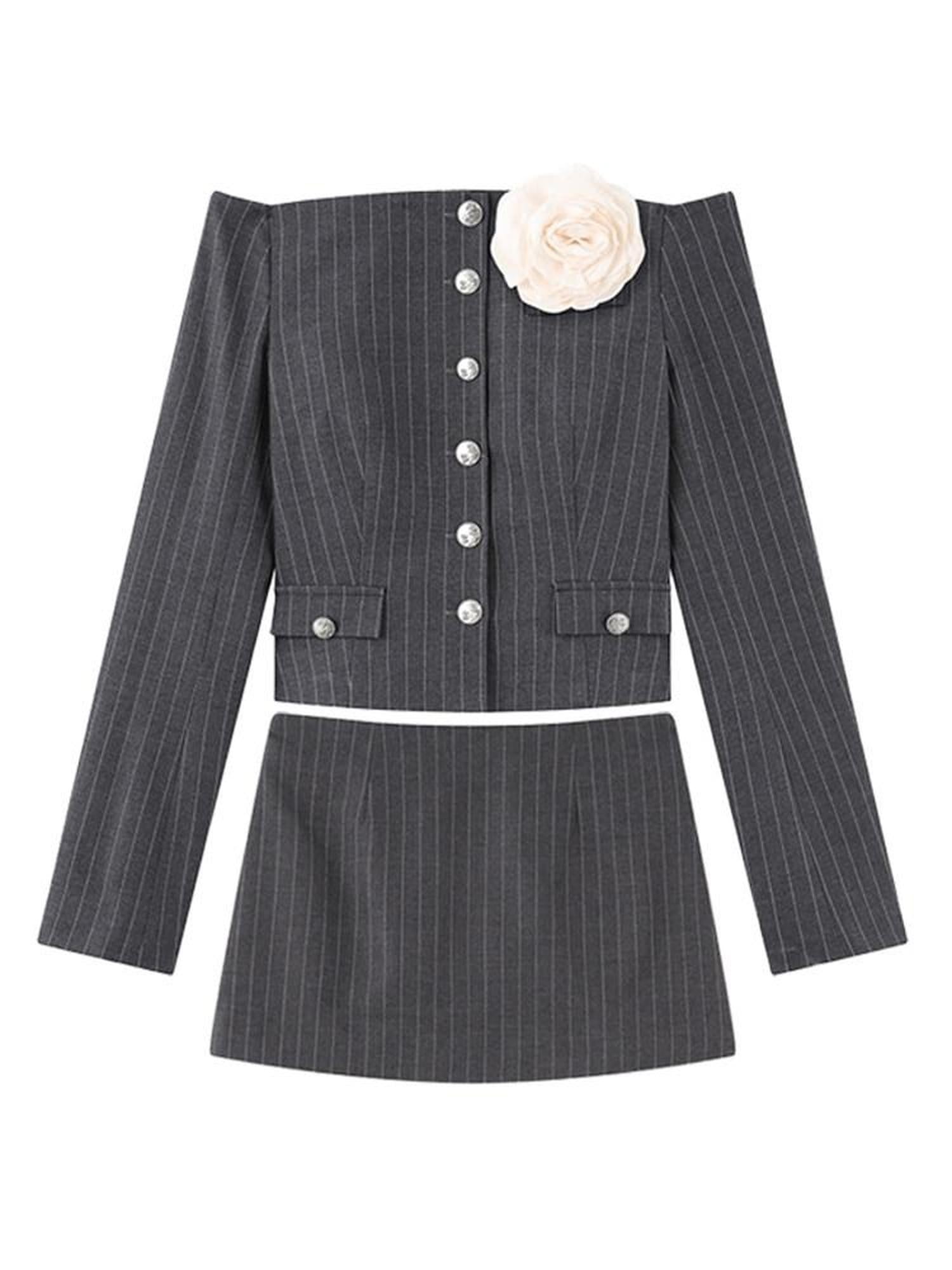 1P STUDIO Grey Striped Handmade 3d Floral One Shoulder Women&