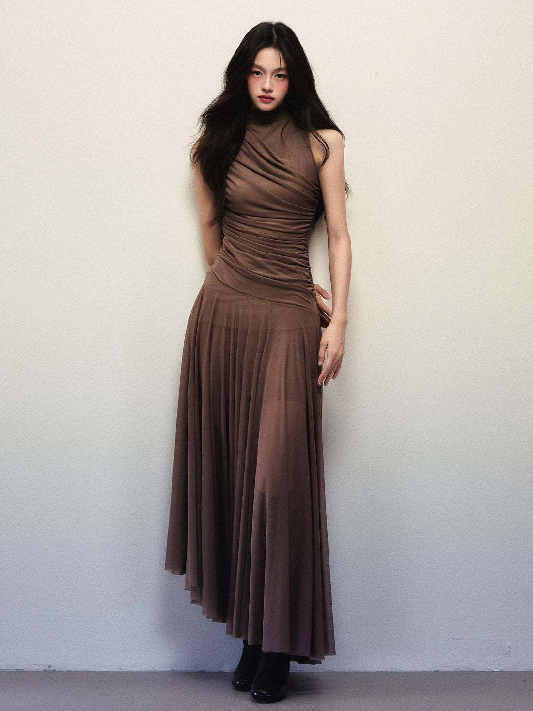 1P STUDIO Irregular Pleated Cutout Shoulder Women&