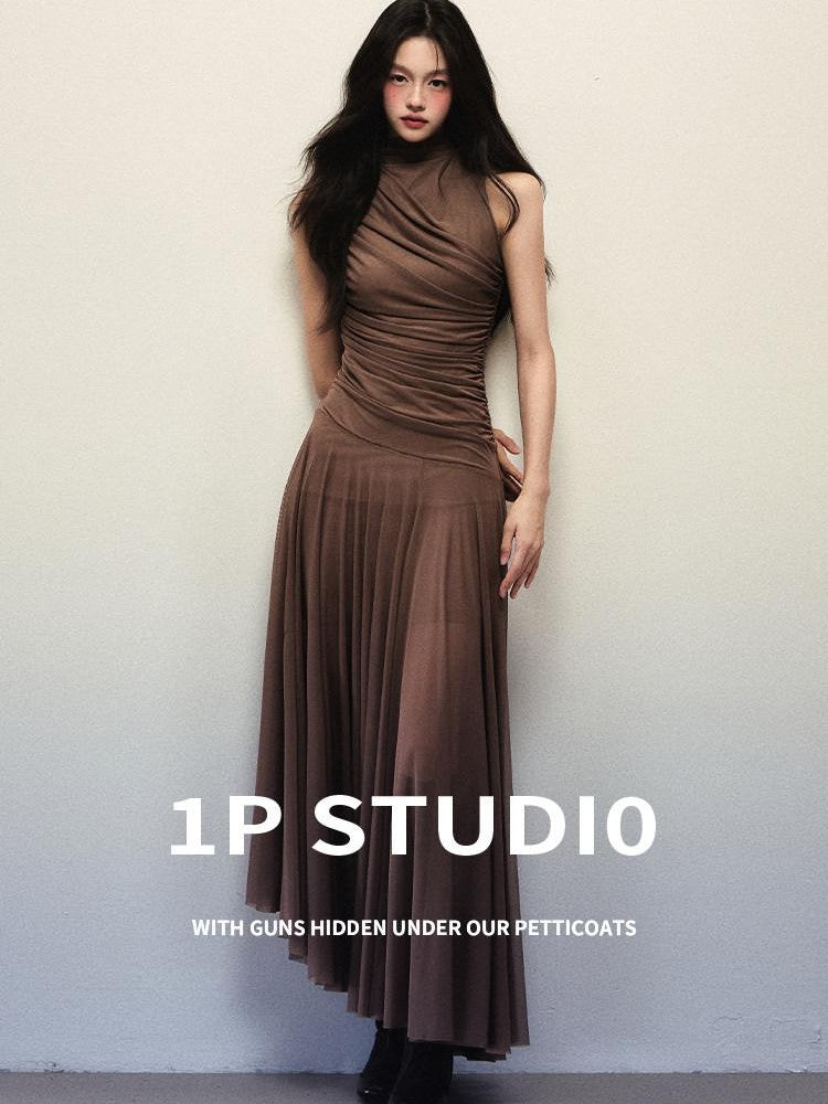 1P STUDIO Irregular Pleated Cutout Shoulder Women&