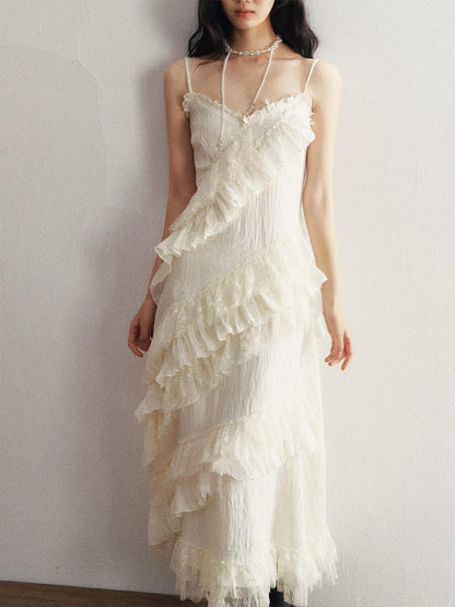 1P STUDIO Ivory Lace Ruffle V-neck Pleated Slim Fit Women&