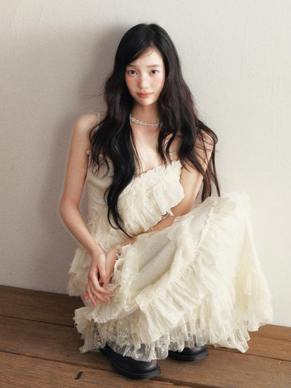 1P STUDIO Ivory Lace Ruffle V-neck Pleated Slim Fit Women&