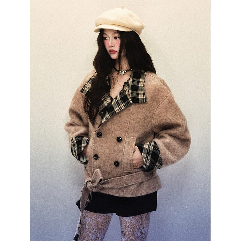 1P_STUDIO_Khaki_Brown_Plaid_Patchwork_Double_Breasted_Women&