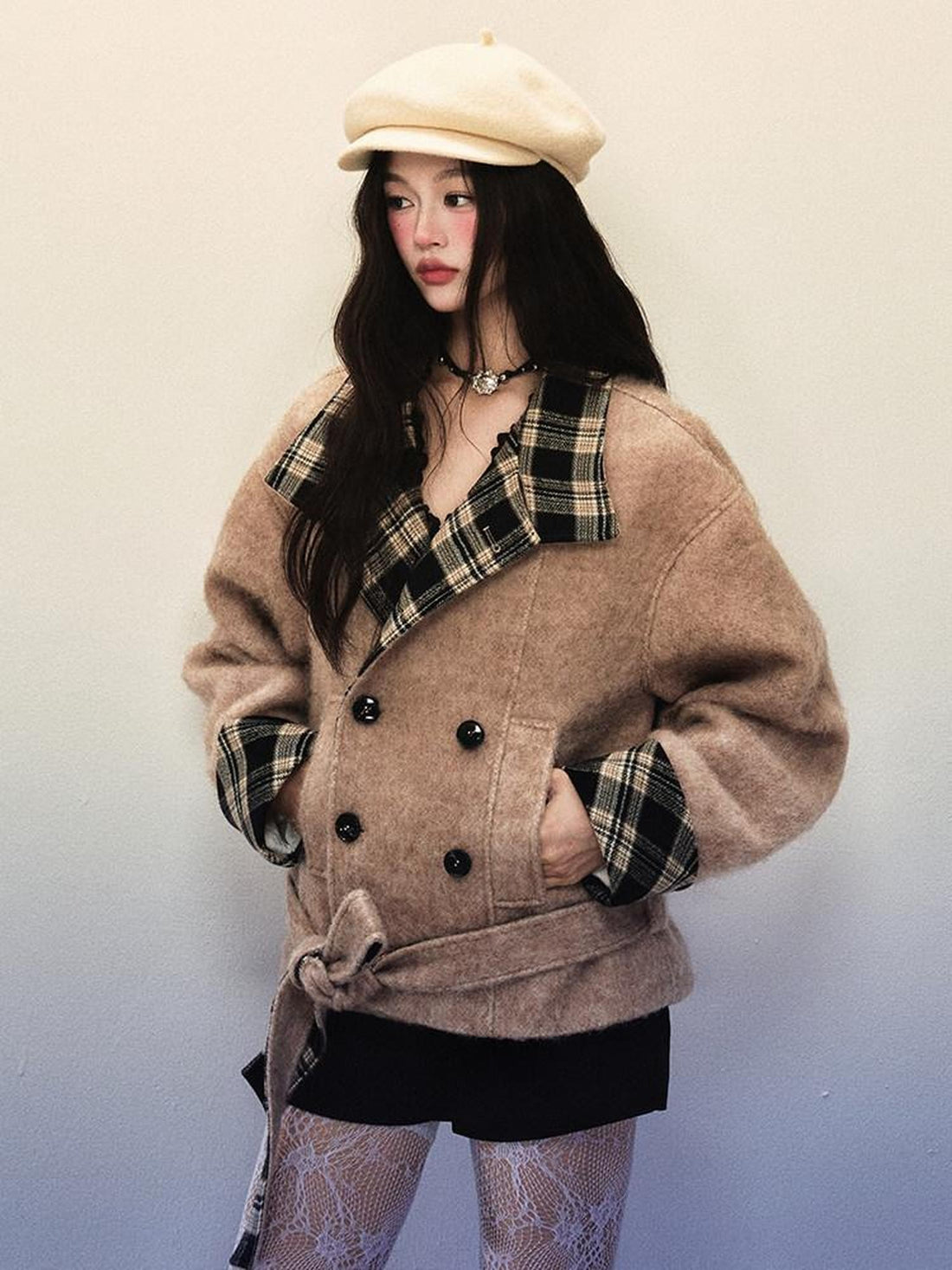 1P STUDIO Khaki Brown Plaid Patchwork Double Breasted Women&