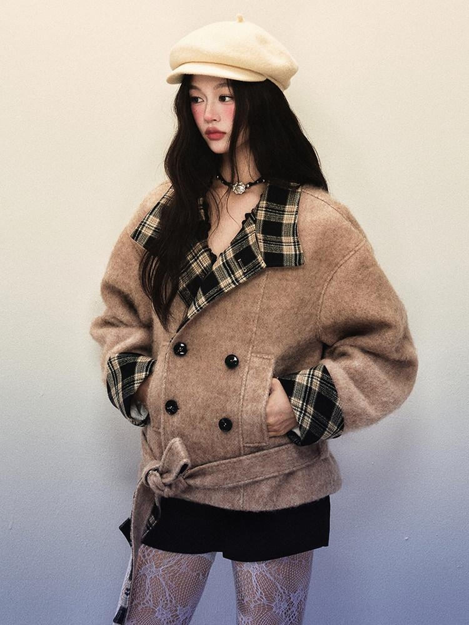 1P STUDIO Khaki Brown Plaid Patchwork Double Breasted Women&
