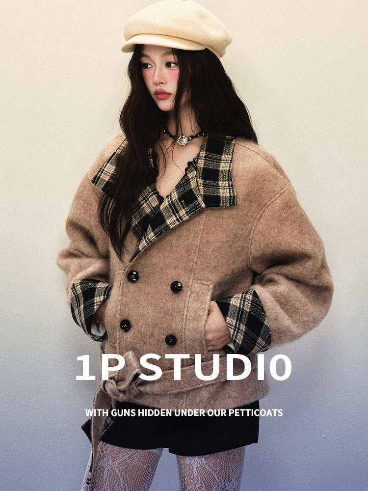 1P STUDIO Khaki Brown Plaid Patchwork Double Breasted Women&