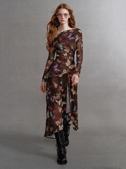 1P STUDIO Khaki Butterfly Print Asymmetric One Shoulder Women&