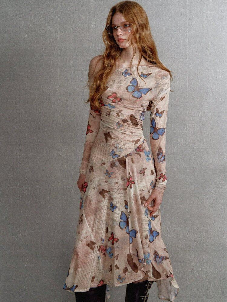1P STUDIO Khaki Butterfly Print Asymmetric One Shoulder Women&