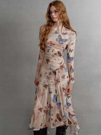 1P STUDIO Khaki Butterfly Print Asymmetric One Shoulder Women&