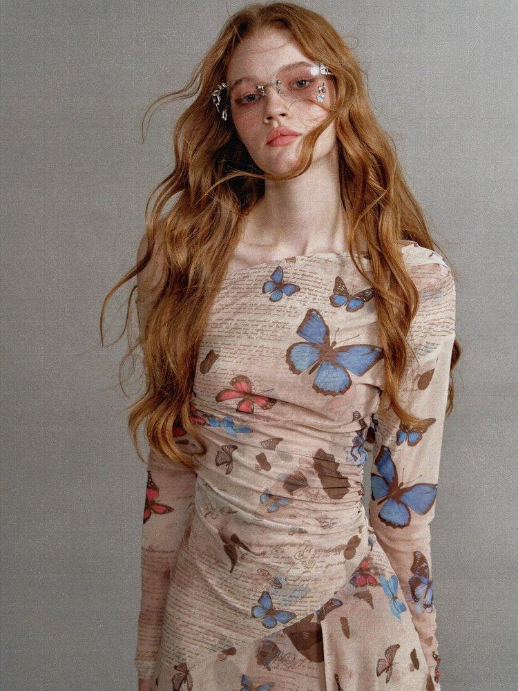 1P STUDIO Khaki Butterfly Print Asymmetric One Shoulder Women&
