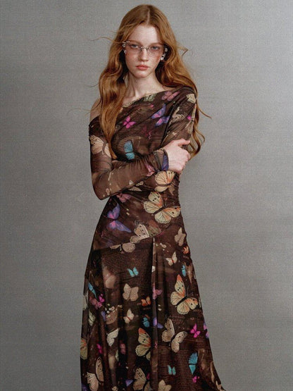 1P STUDIO Khaki Butterfly Print Asymmetric One Shoulder Women&