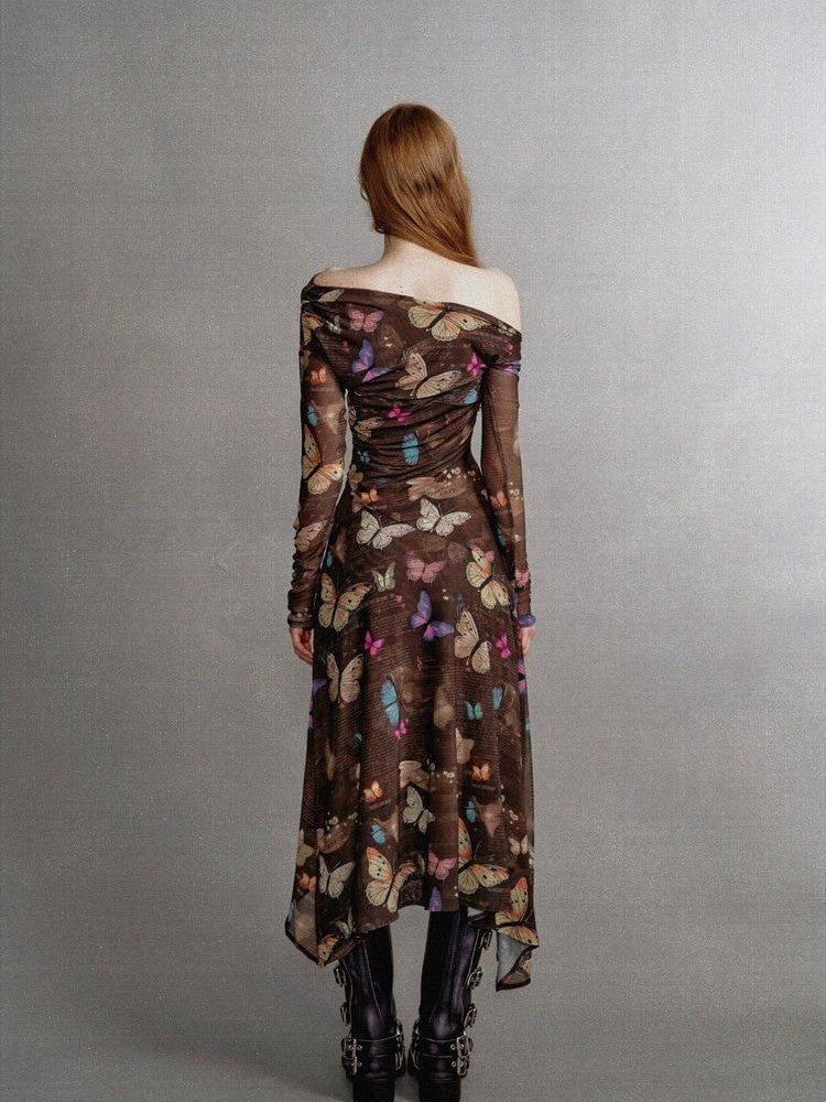 1P STUDIO Khaki Butterfly Print Asymmetric One Shoulder Women&