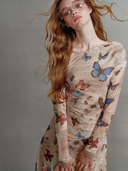 1P STUDIO Khaki Butterfly Print Asymmetric One Shoulder Women&