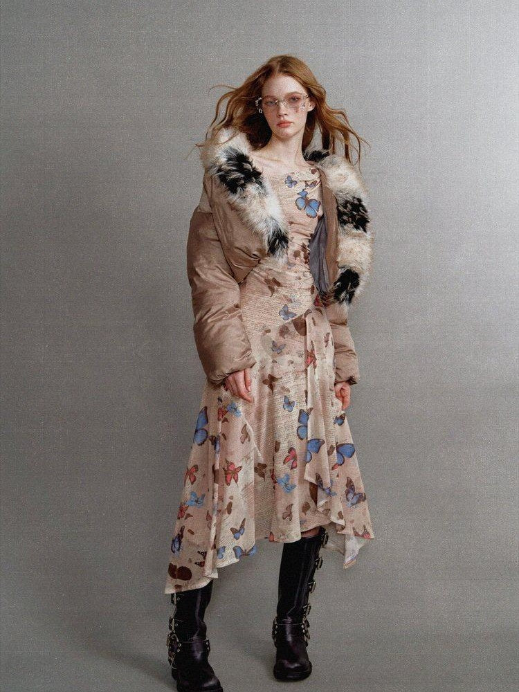 1P STUDIO Khaki Butterfly Print Asymmetric One Shoulder Women&