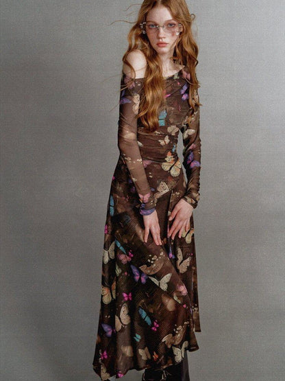 1P STUDIO Khaki Butterfly Print Asymmetric One Shoulder Women&