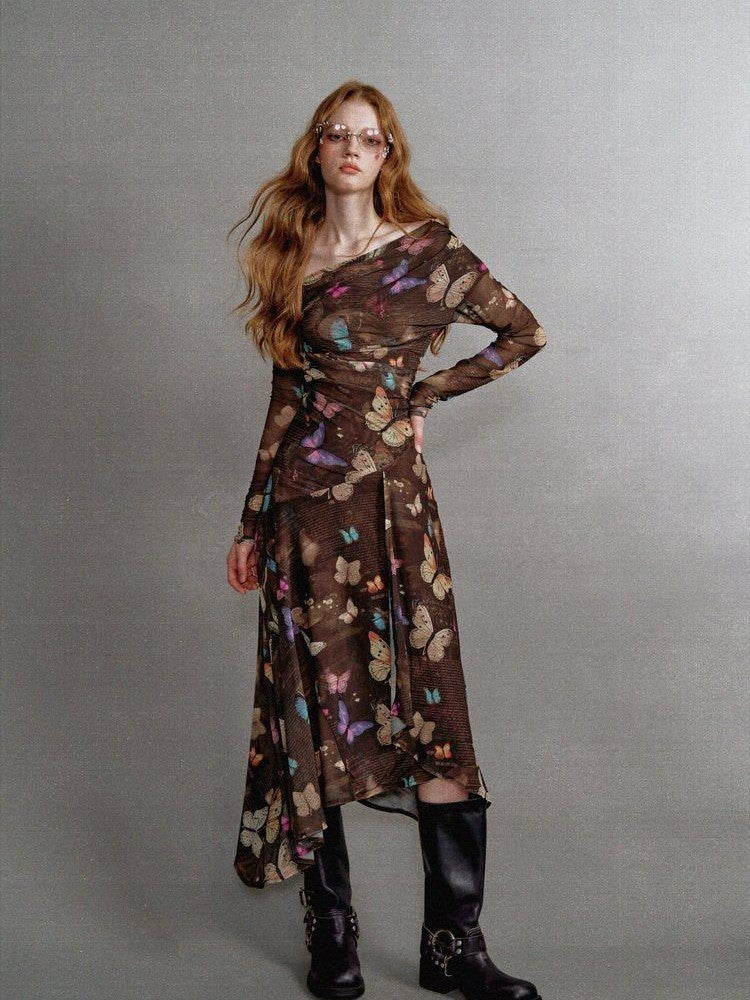 1P STUDIO Khaki Butterfly Print Asymmetric One Shoulder Women&