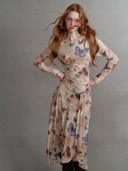 1P STUDIO Khaki Butterfly Print Asymmetric One Shoulder Women&