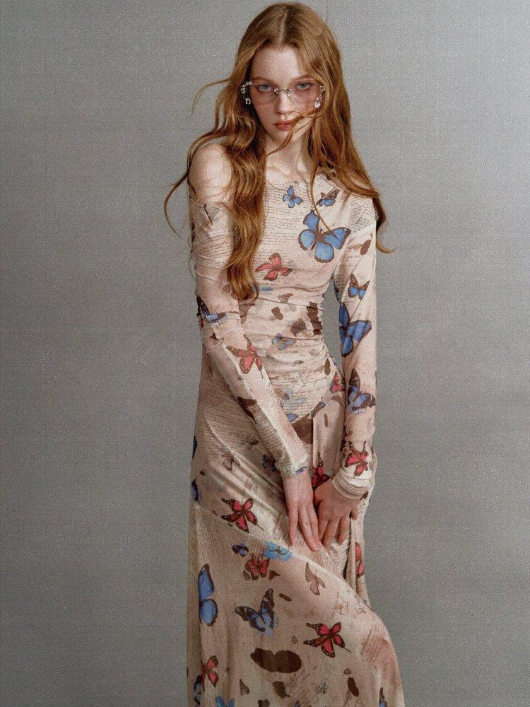 1P STUDIO Khaki Butterfly Print Asymmetric One Shoulder Women&