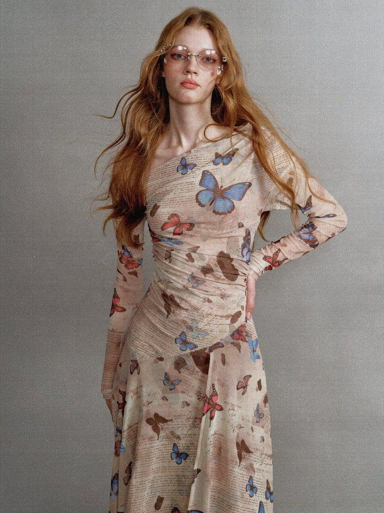1P STUDIO Khaki Butterfly Print Asymmetric One Shoulder Women&