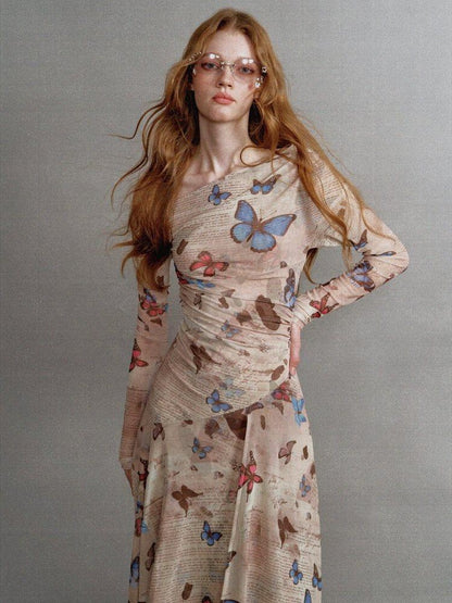 1P STUDIO Khaki Butterfly Print Asymmetric One Shoulder Women&