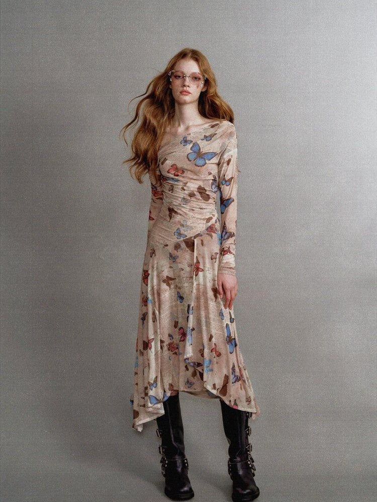 1P STUDIO Khaki Butterfly Print Asymmetric One Shoulder Women&