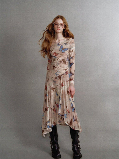 1P STUDIO Khaki Butterfly Print Asymmetric One Shoulder Women&