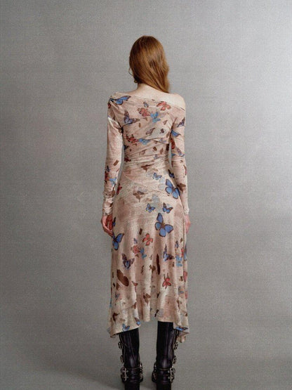 1P STUDIO Khaki Butterfly Print Asymmetric One Shoulder Women&