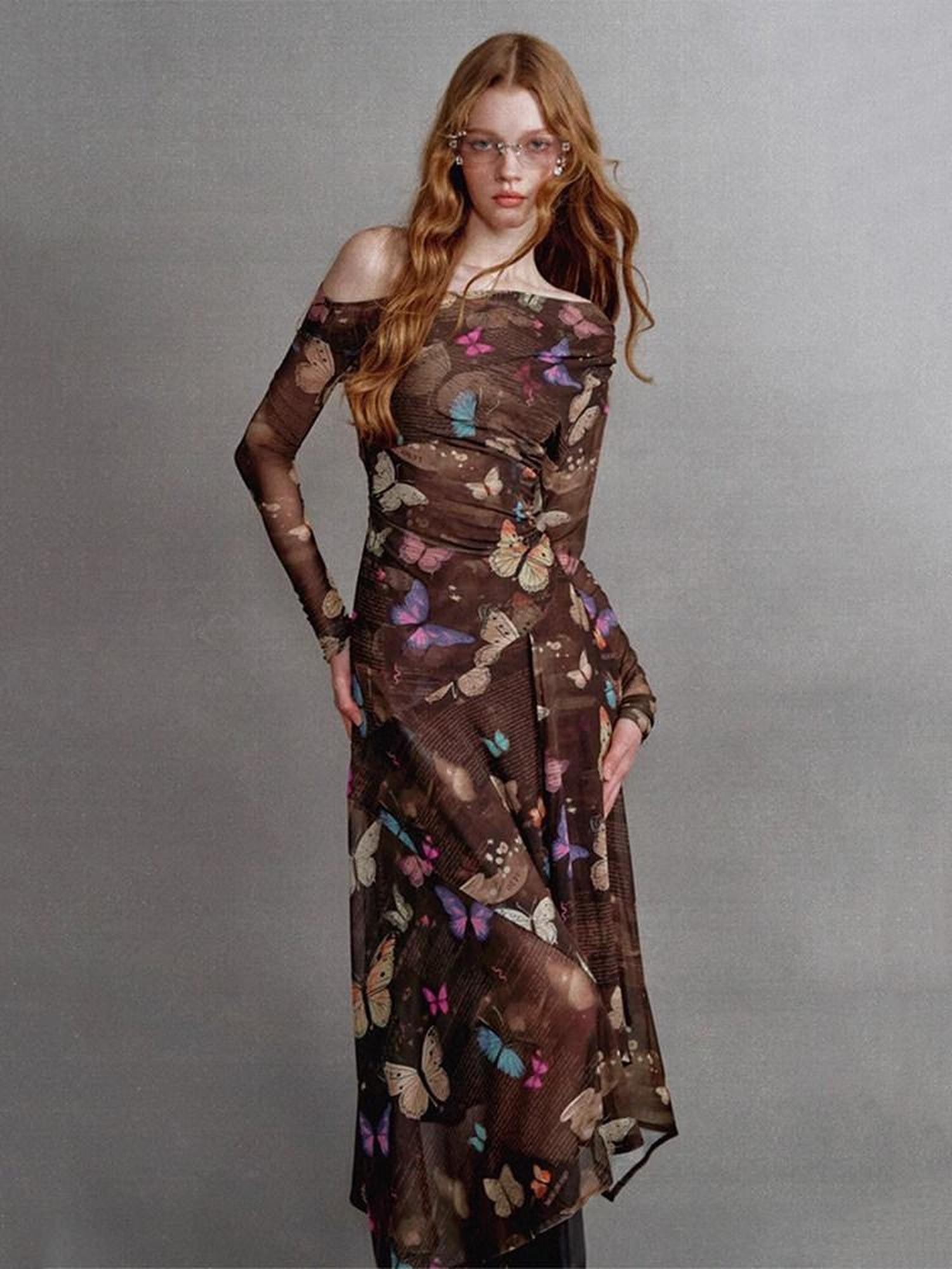 1P STUDIO Khaki Butterfly Print Asymmetric One Shoulder Women&