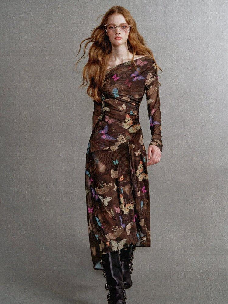1P STUDIO Khaki Butterfly Print Asymmetric One Shoulder Women&
