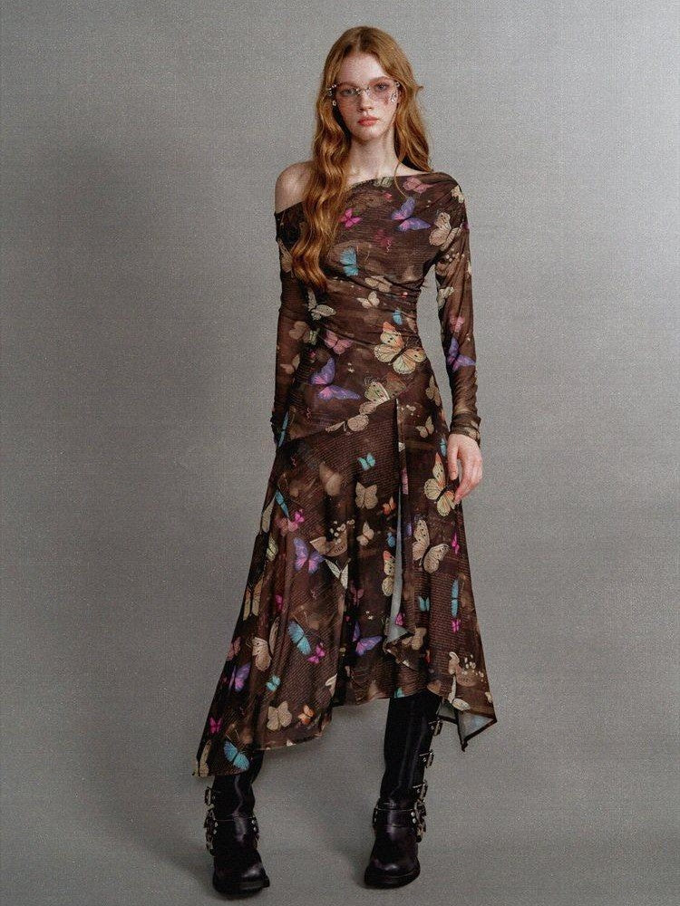 1P STUDIO Khaki Butterfly Print Asymmetric One Shoulder Women&