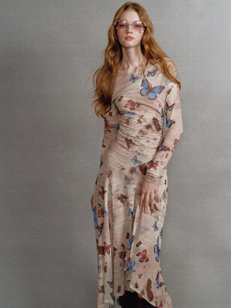 1P STUDIO Khaki Butterfly Print Asymmetric One Shoulder Women&