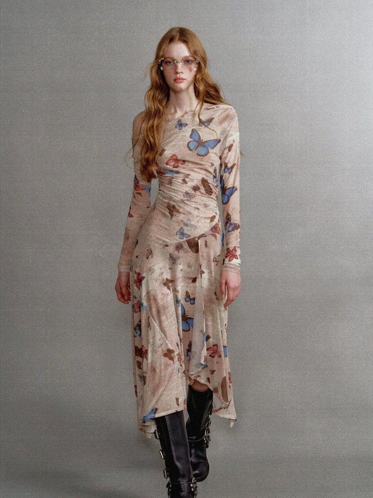 1P STUDIO Khaki Butterfly Print Asymmetric One Shoulder Women&