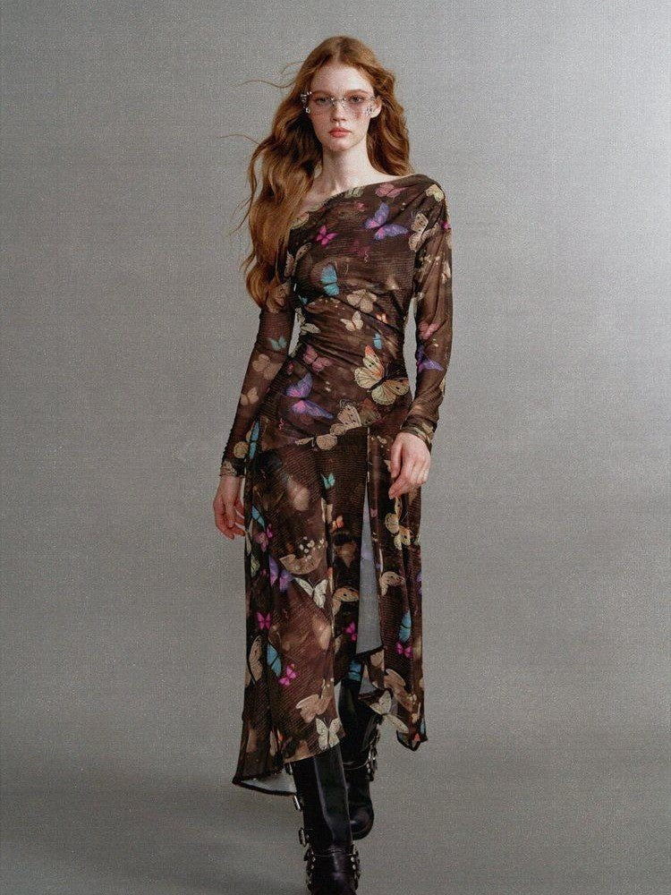 1P STUDIO Khaki Butterfly Print Asymmetric One Shoulder Women&