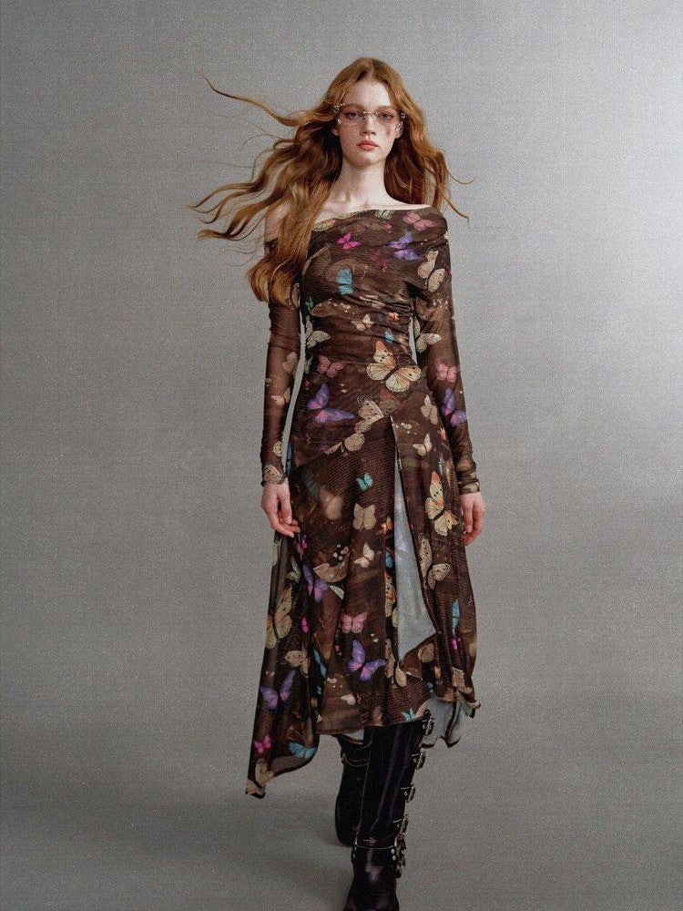1P STUDIO Khaki Butterfly Print Asymmetric One Shoulder Women&