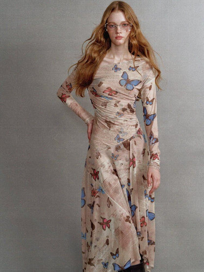 1P STUDIO Khaki Butterfly Print Asymmetric One Shoulder Women&
