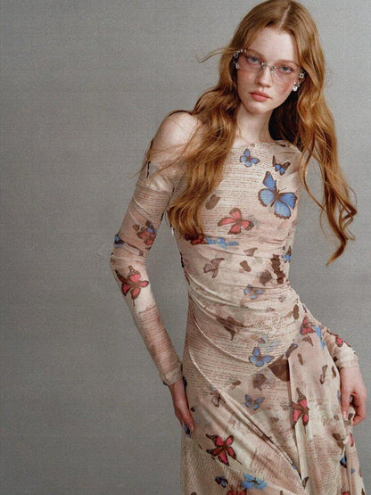 1P STUDIO Khaki Butterfly Print Asymmetric One Shoulder Women&