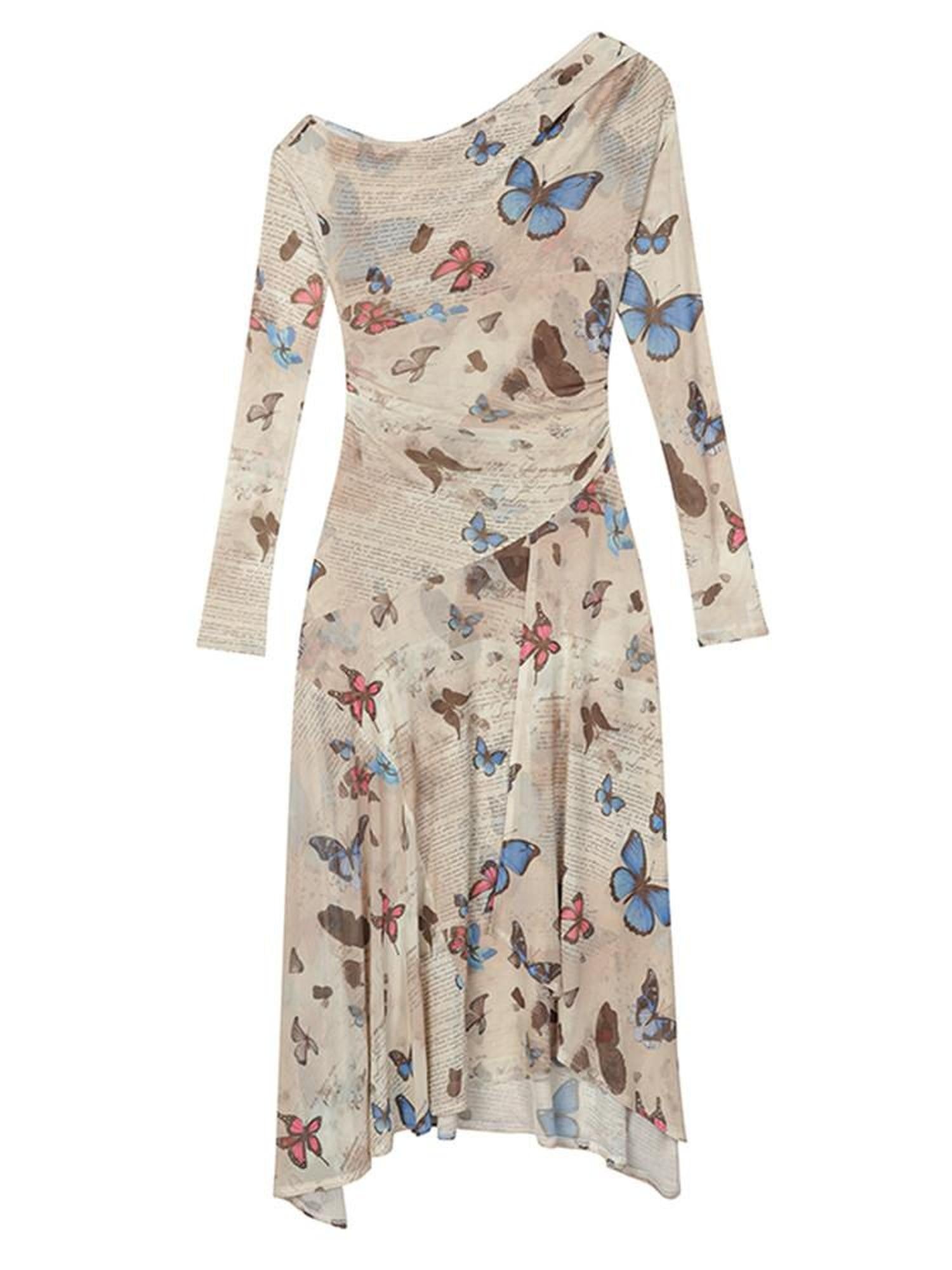 1P STUDIO Khaki Butterfly Print Asymmetric One Shoulder Women&