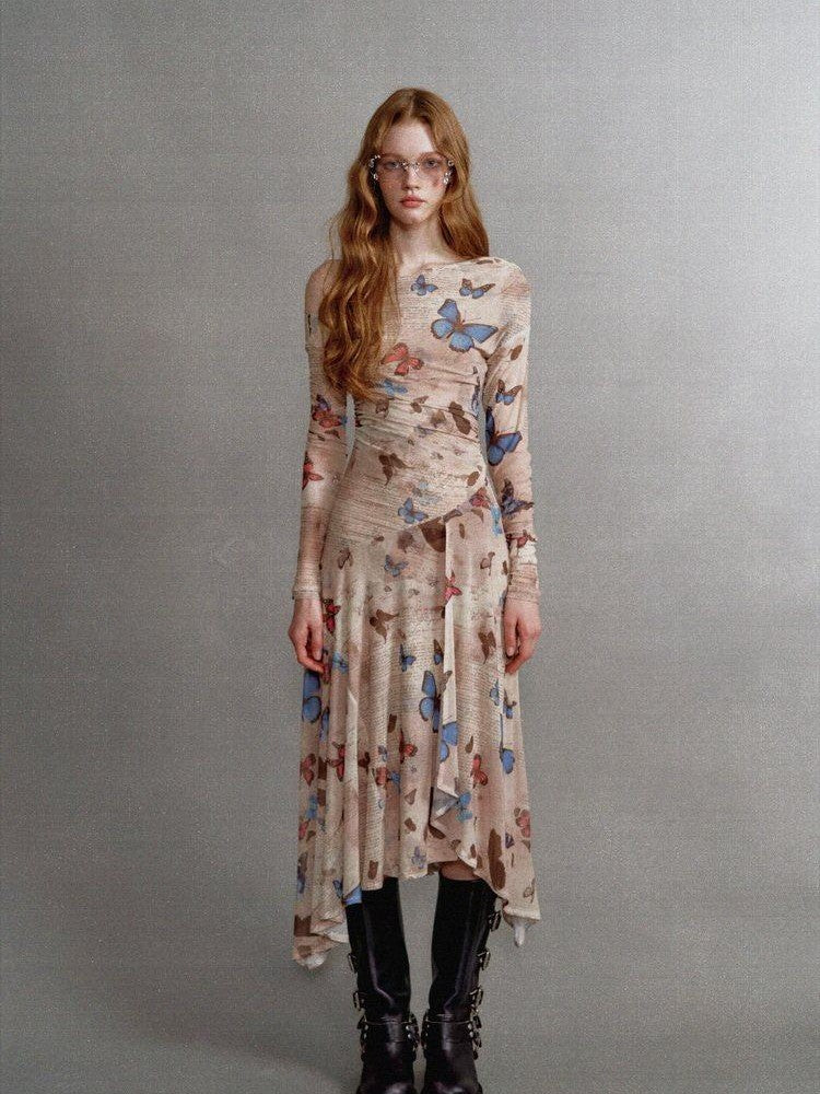 1P STUDIO Khaki Butterfly Print Asymmetric One Shoulder Women&