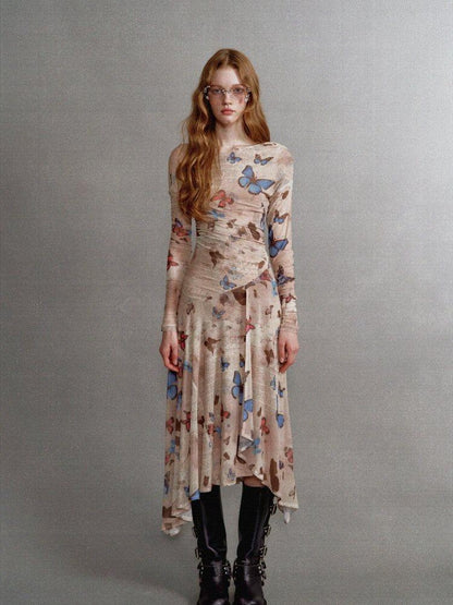 1P STUDIO Khaki Butterfly Print Asymmetric One Shoulder Women&