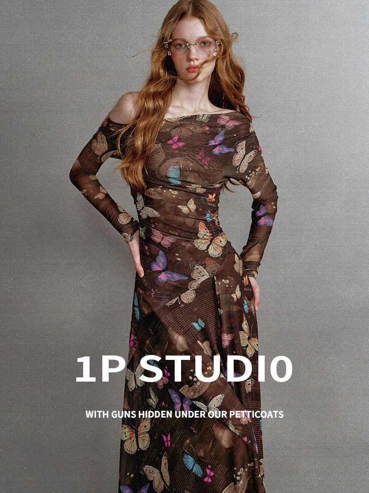 1P STUDIO Khaki Butterfly Print Asymmetric One Shoulder Women&