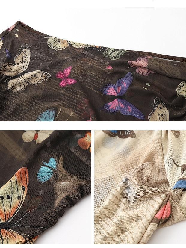 1P STUDIO Khaki Butterfly Print Asymmetric One Shoulder Women&
