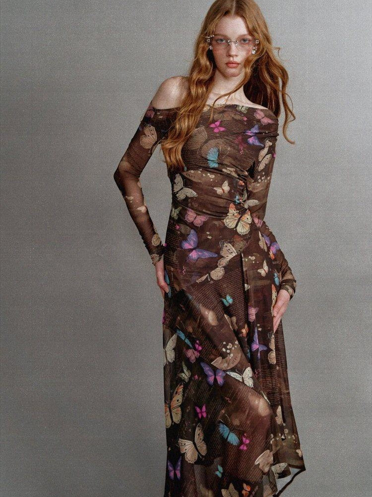 1P STUDIO Khaki Butterfly Print Asymmetric One Shoulder Women&