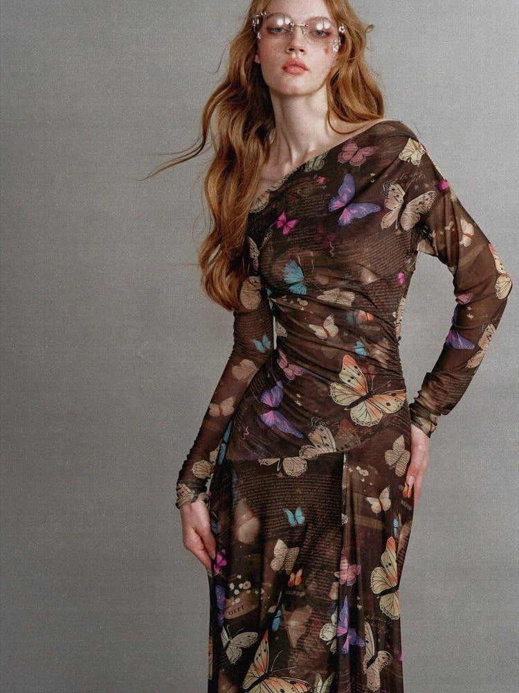 1P STUDIO Khaki Butterfly Print Asymmetric One Shoulder Women&