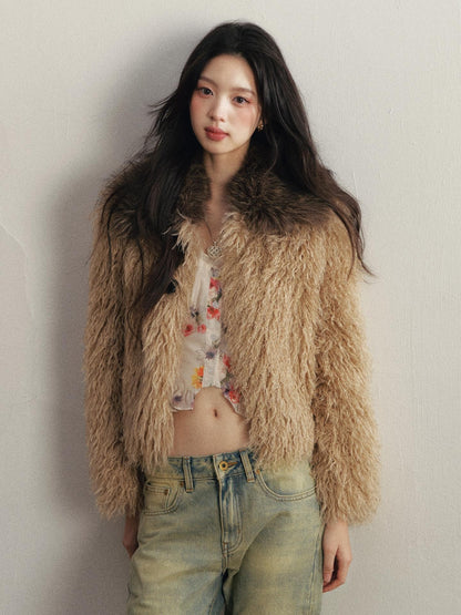 1P STUDIO Khaki Faux Shearling Cropped Slim Fit Women&