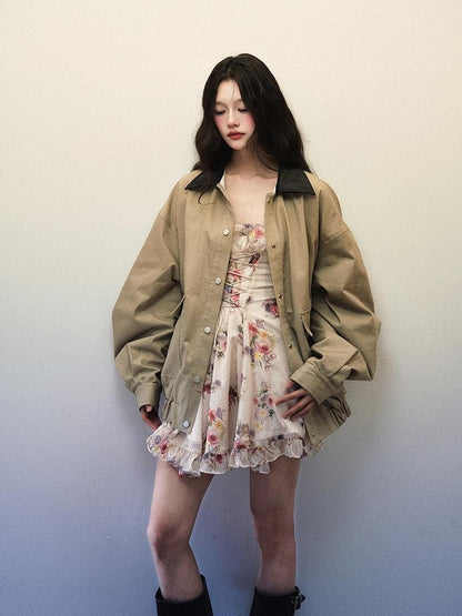 1P STUDIO Khaki Green Contrast Black Lapel Oversized Women&