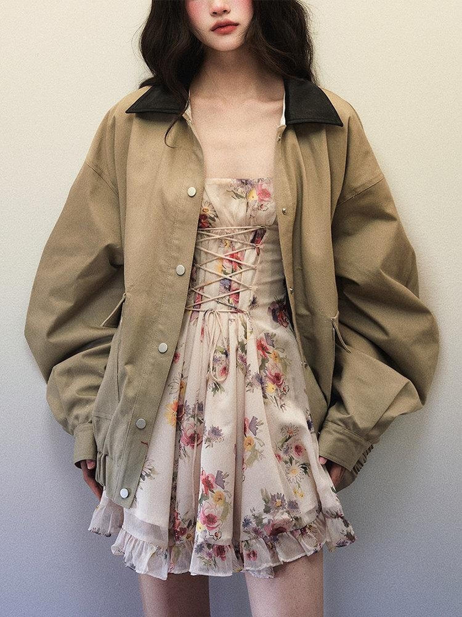 1P STUDIO Khaki Green Contrast Black Lapel Oversized Women&