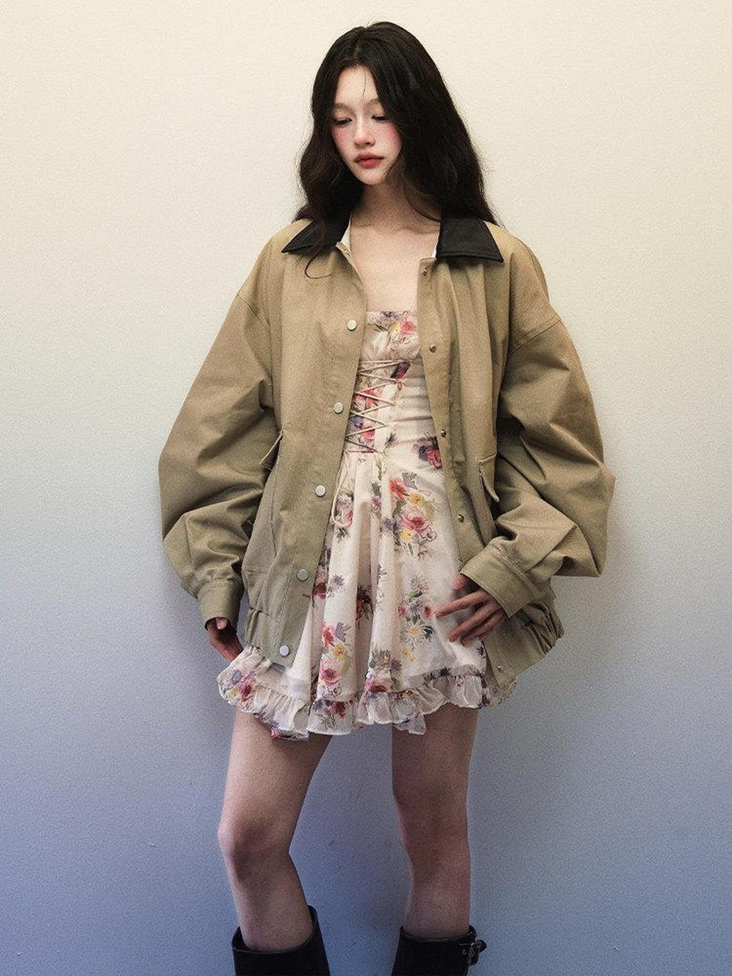 1P STUDIO Khaki Green Contrast Black Lapel Oversized Women&